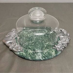 Lenox Orchard In Bloom Cheese Dome Glass Dome & Green Marble Base W/ Metal